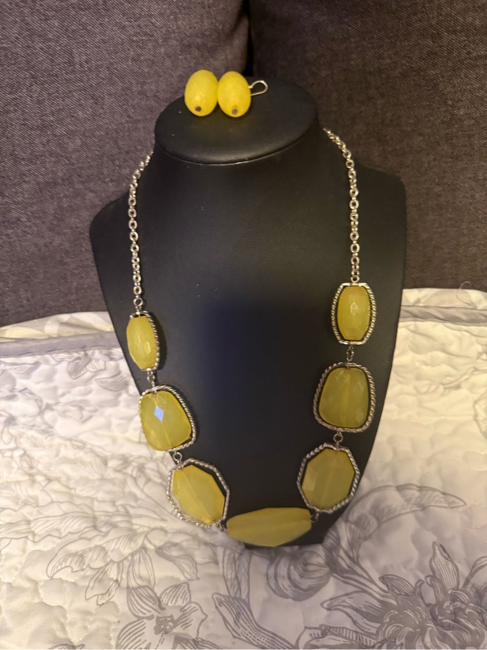 Yellow Faceted Statement Necklace and Earrings Set